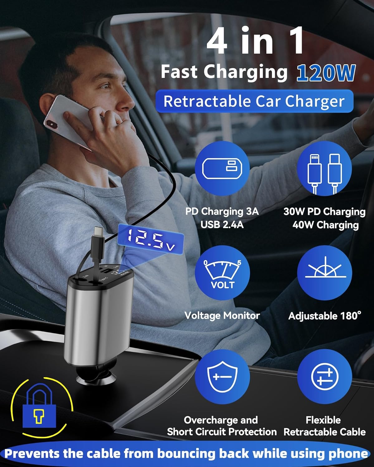 Retractable Car Charger – 4-in-1 USB-C & USB-A, Fast Charging, 180° Swivel TekShack