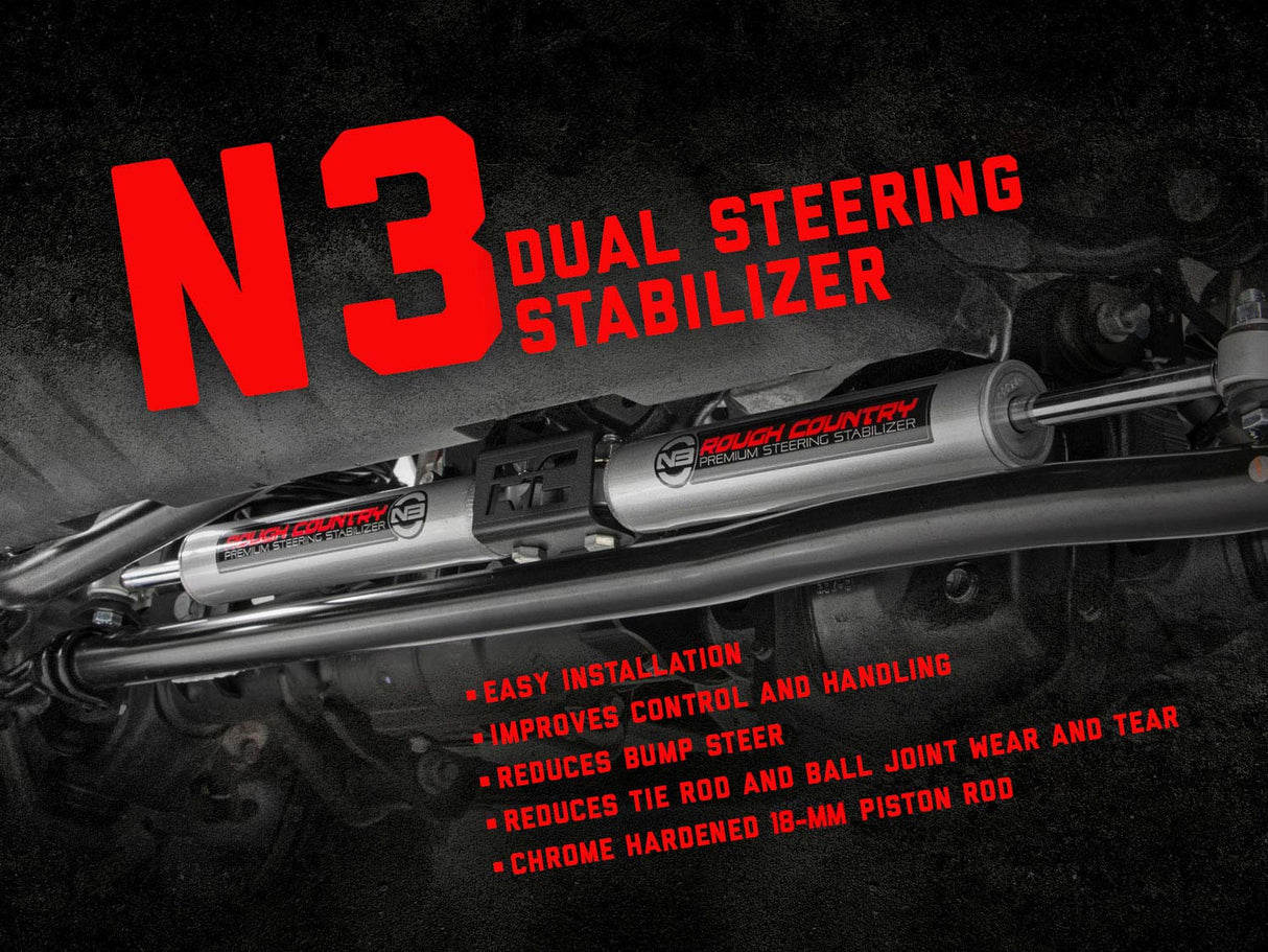 N3 Steering Stabilizer Dual 2.5-8 Inch Lift Ram 2500 (14-26)/3500 (13-26) Rough Country