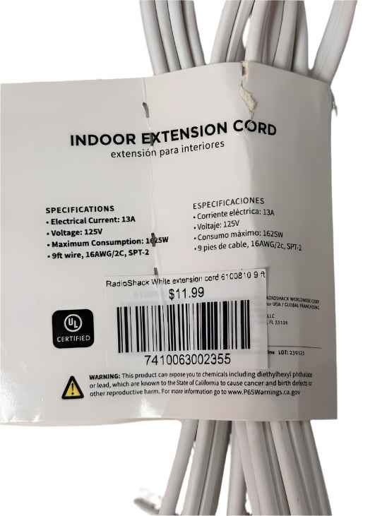 RadioShack Extension Cord 6100810 White 9 ft TekShack