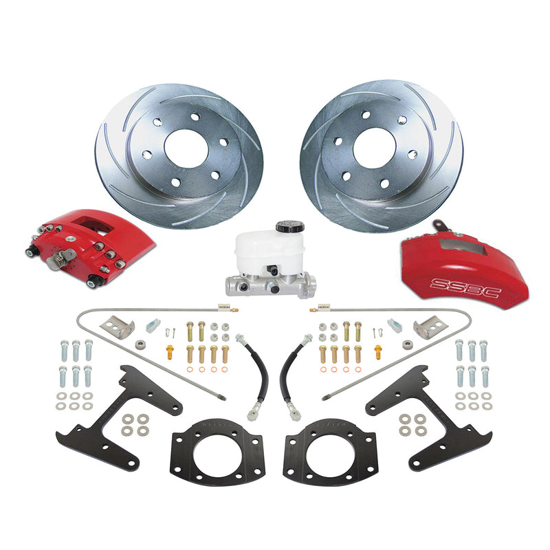 American Made Tri-Power 3-Piston Billet Aluminum Rear Drum to Disc Brake Conversion Kit W/Rotors. Red A126-4R