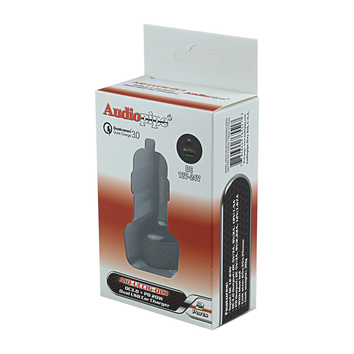 AIQ-UCCIG-QC3 - QC3.0 + PD 20W Dual USB Car Charger Audiopipe