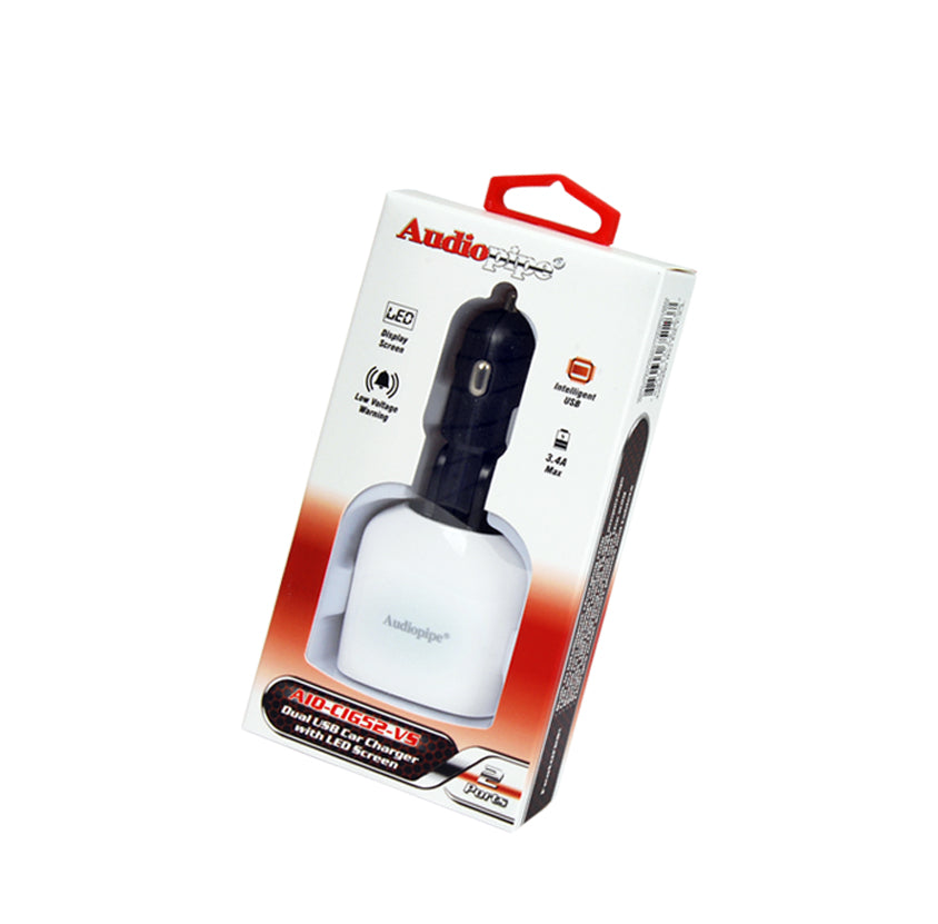 AIQ-CIG52-VS Dual USB Car Charger w/ LED Screen Audiopipe