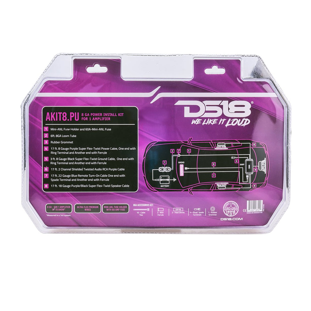 8-GA Amplifier Installation Wiring Kit - Purple DS18