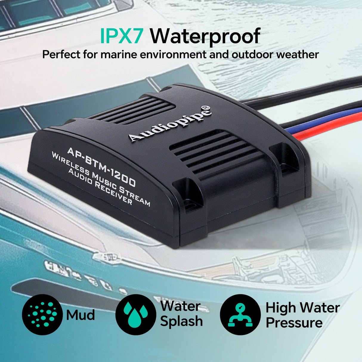 Marine Wireless Music Stream Audio Receiver (AP-BTM-1200), Sold individually Audiopipe