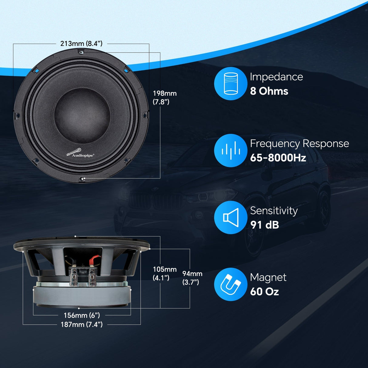 8" Mid-Low Frequency Loudspeaker (APLMB-8), Sold individually Audiopipe
