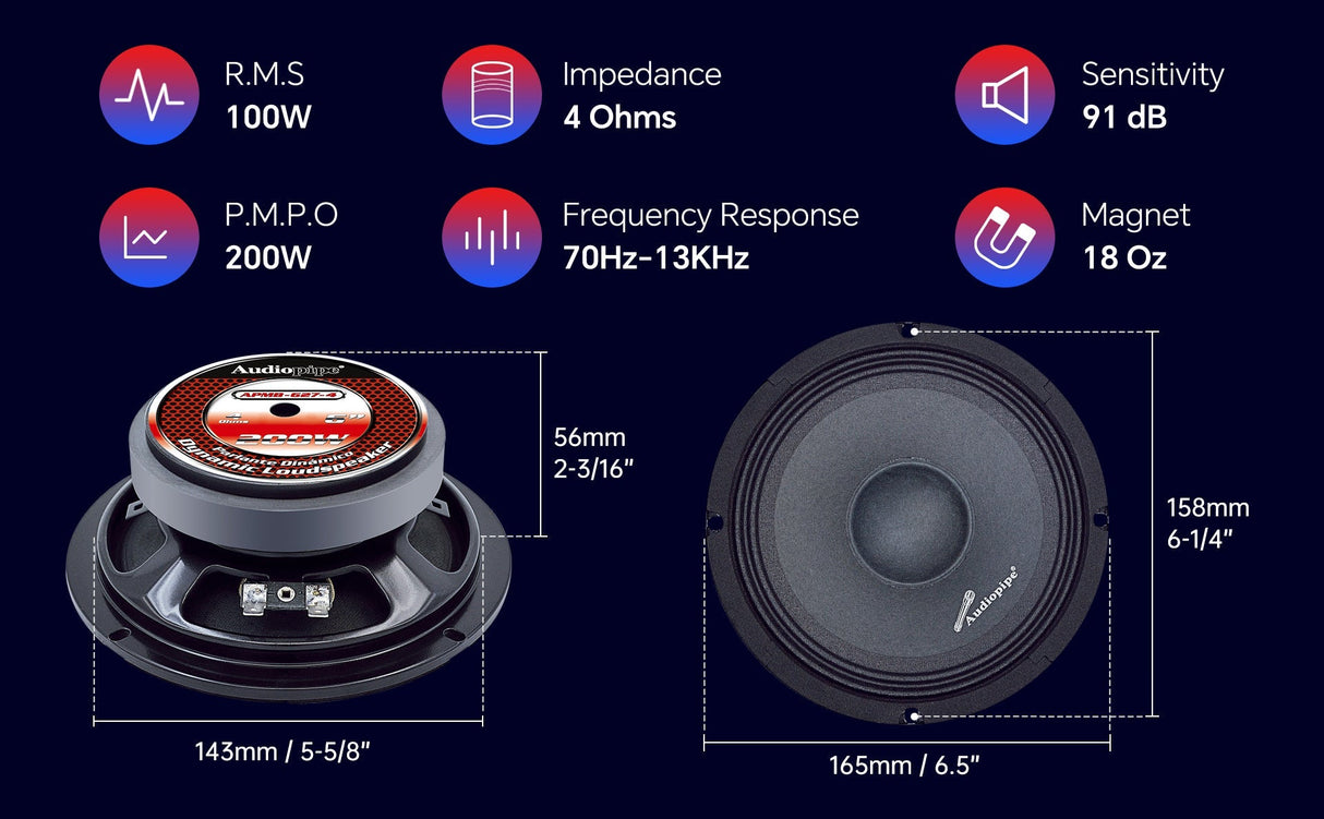 6" Mid-Range Frequency Loudspeaker (APMB-627-4), Sold in pairs Audiopipe