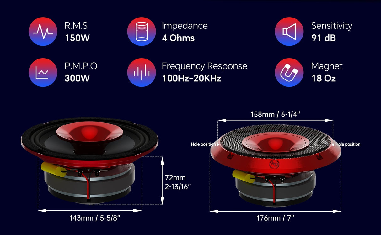 6.5" Compression Horn Mid-Range Loudspeaker (APMB-628GH-RED), Sold individually Audiopipe