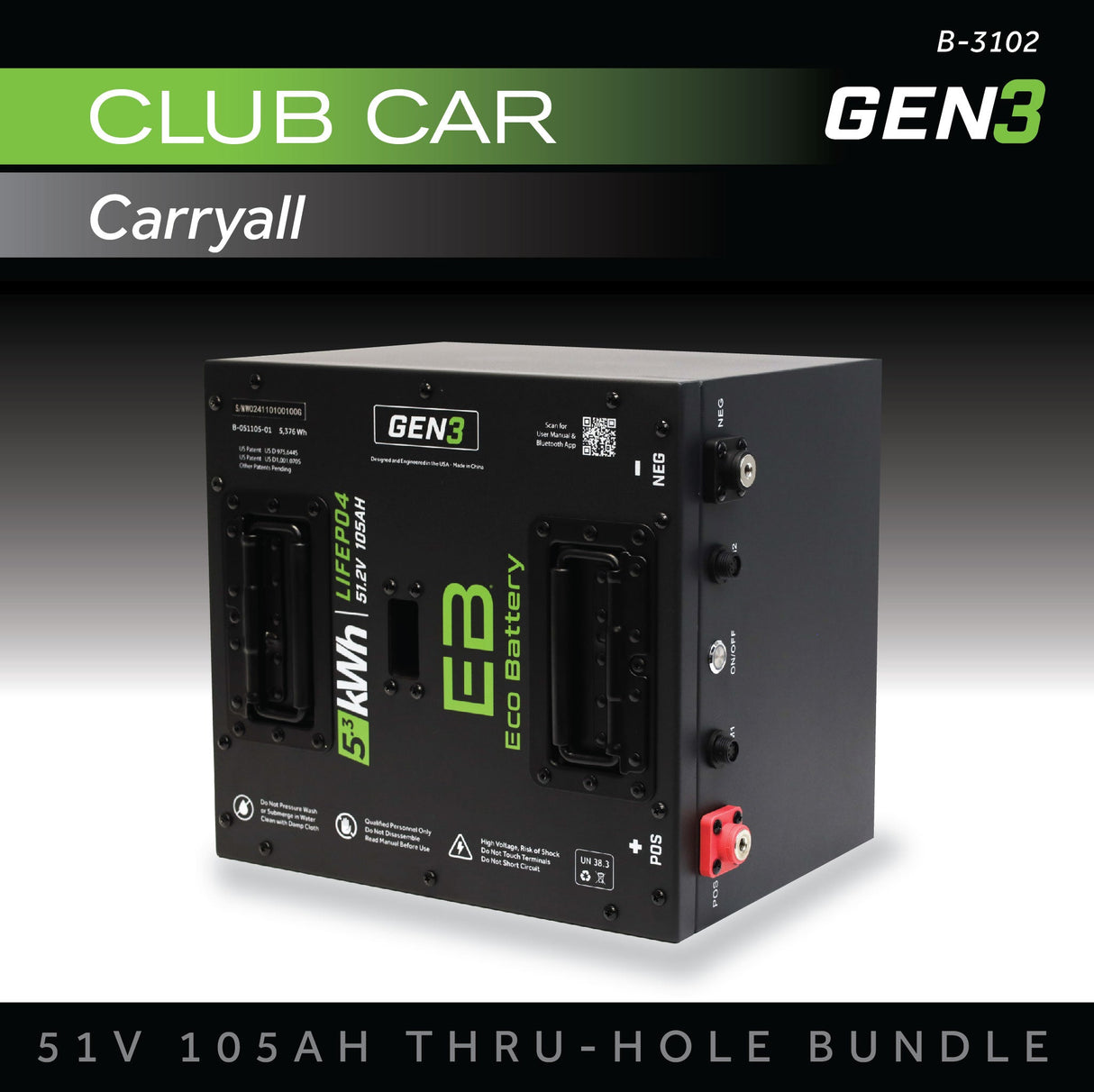Eco Battery (48V) 51V 105AH Thru-Hole Battery Bundle / Club Car Carryall