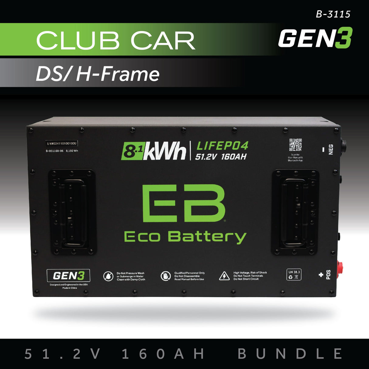 Eco Battery (48V) 51V 160AH Battery Bundle / Club Car DS / H-Frame