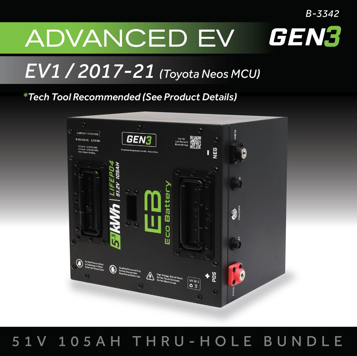 Eco Battery (48V) 51V 105AH Thru-Hole Battery Bundle / Advanced EV EV1 / 2021-23 (ADEV MCU)