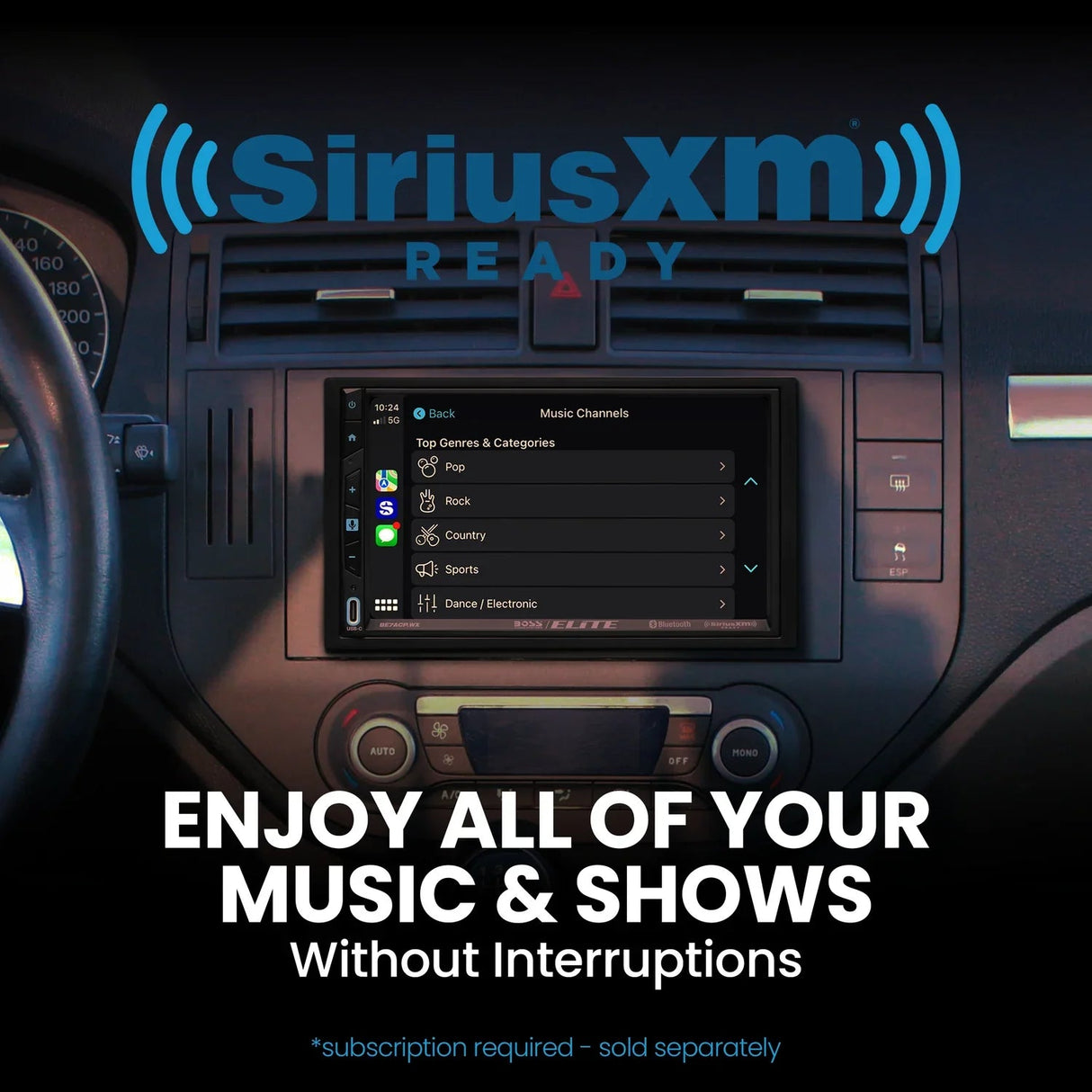Boss Elite BE7ACP.WXC 7" Double DIN Touchscreen Digital Multimedia Receiver w/ Bluetooth, Wireless Apple CarPlay, Android Auto, and Built-in SiriusXM Ready Boss Elite