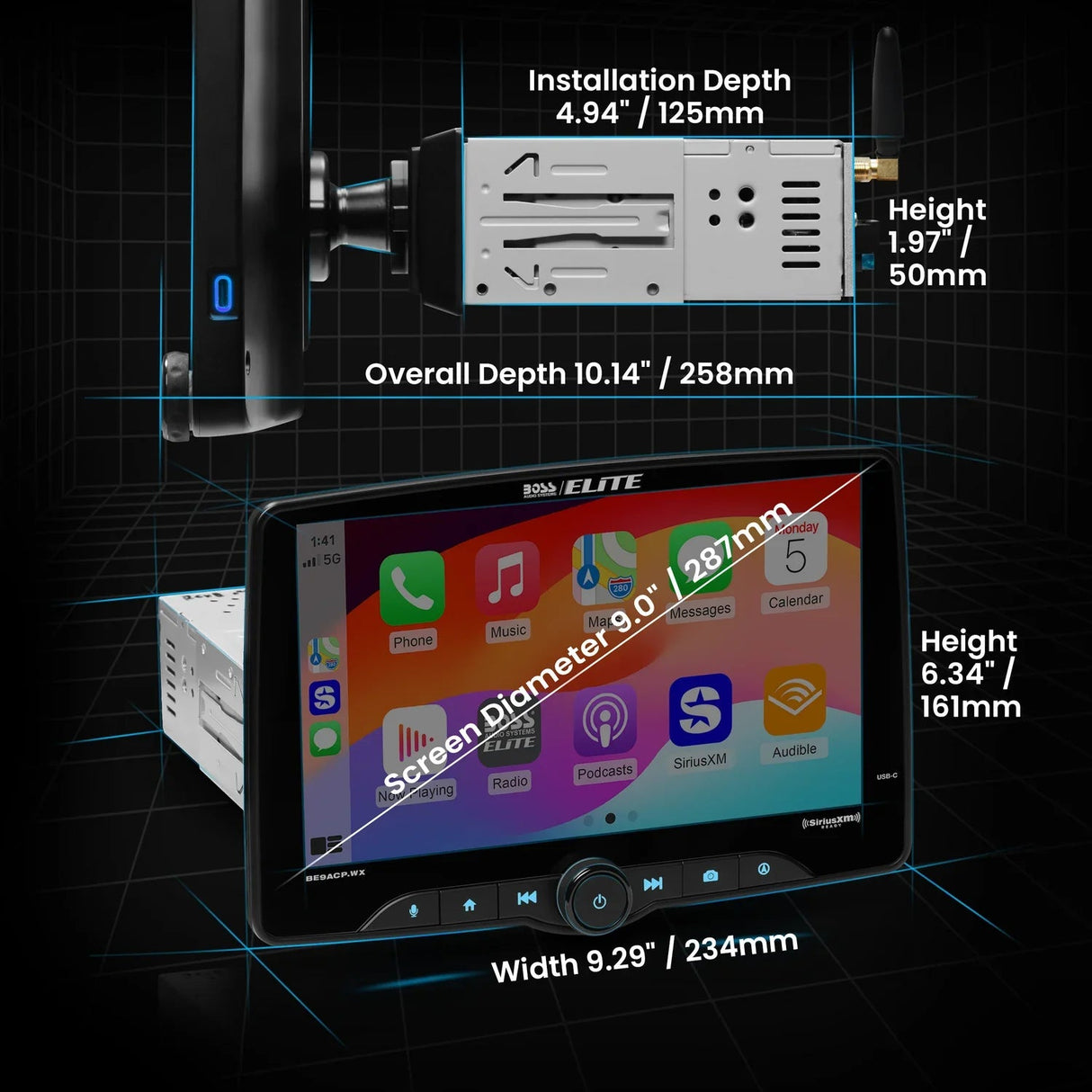 Boss Elite BE9ACP.WX 9" Single Din Touchscreen w/ Wireless Apple Carplay/Android Auto XM Ready Boss Elite