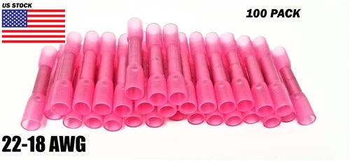 100Pcs Heat Shrink Butt Tube Splice Connector 22-18GA Gauge PINK Wire Terminal