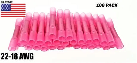 100Pcs Heat Shrink Butt Tube Splice Connector 22-18GA Gauge PINK Wire Terminal AC/DC WIRE AND SUPPLY