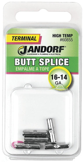 Butt Splice Connector, 16 to 14 AWG Wire, Nickel, 5/PK #60855 Jandorf