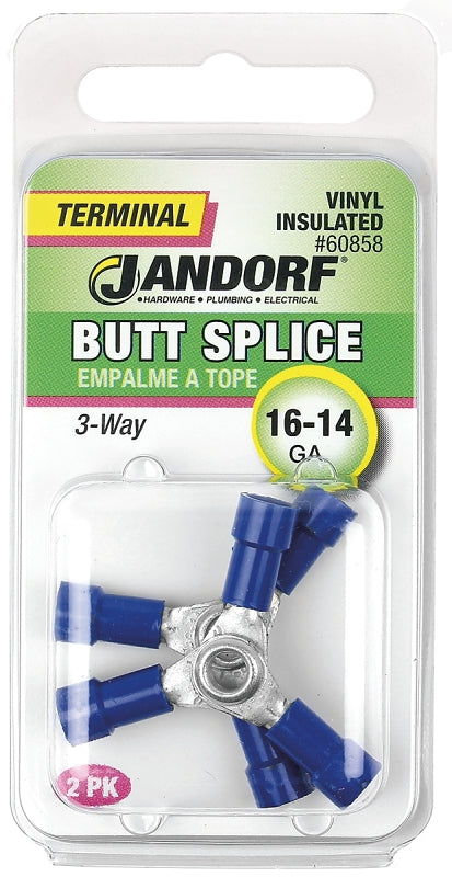 Butt Splice Connector, 16 to 14 AWG Wire, Vinyl Insulation, Copper Contact, Tin, Blue, 2/PK #60858 Jandorf