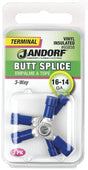 Butt Splice Connector, 16 to 14 AWG Wire, Vinyl Insulation, Copper Contact, Tin, Blue, 2/PK #60858 Jandorf