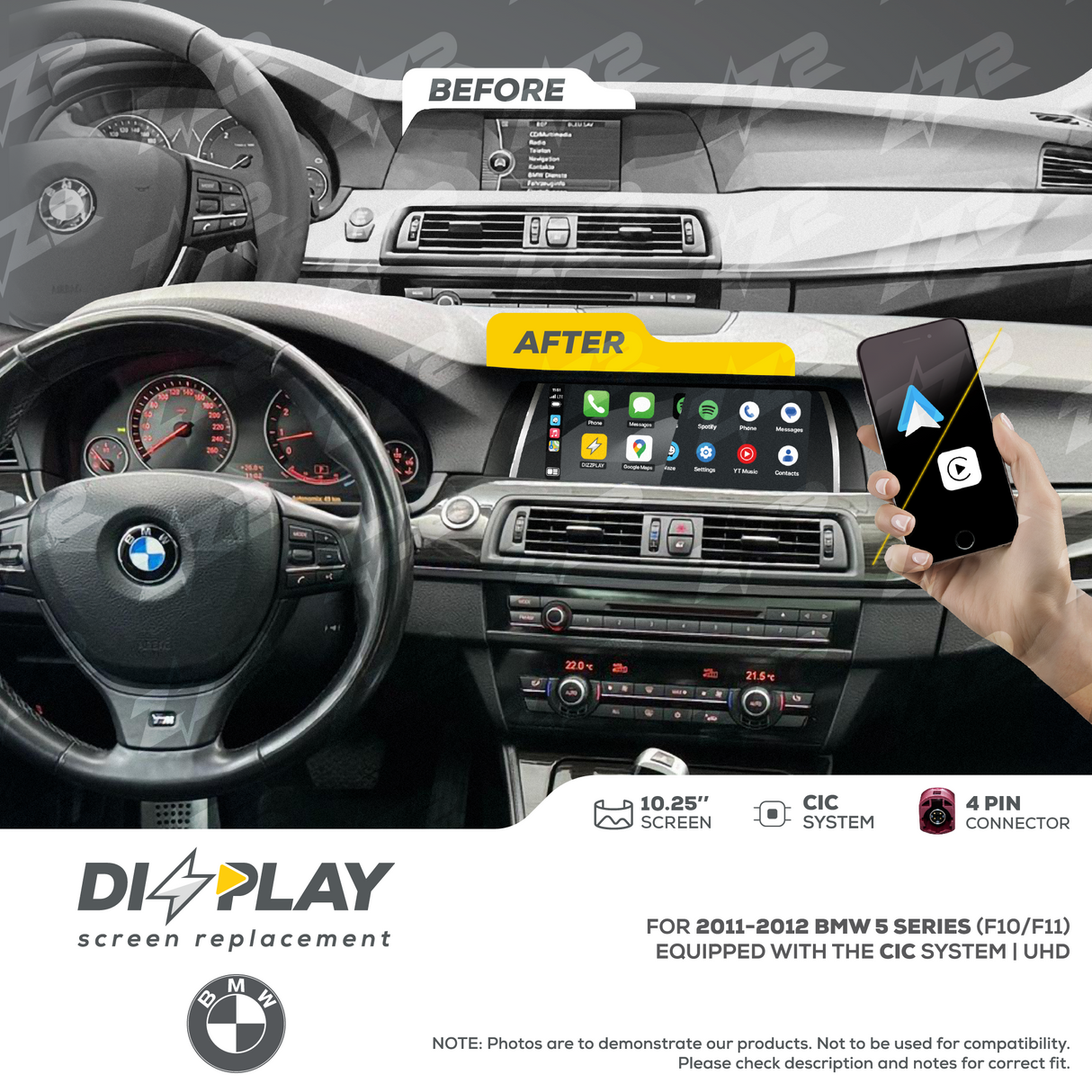 10.25" DIZZPLAY for BMW 5 series (F10/F11) 2011-2012 equipped with the CIC* system. ZZ2