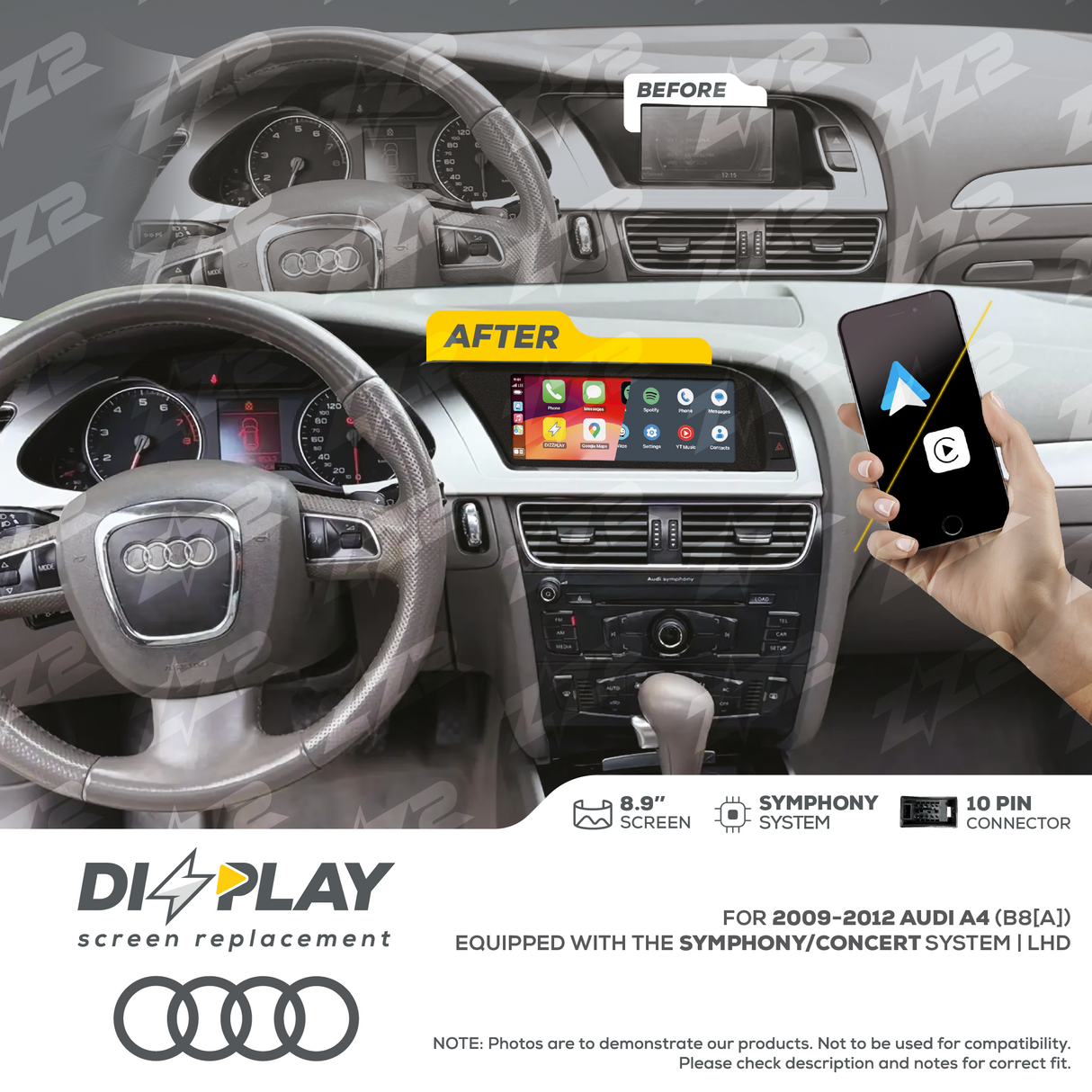 8.9" DIZZPLAY for AUDI A4/S4 (B8[A]) 2009-2012 equipped with the Symphony/Concert system - LHD ZZ2