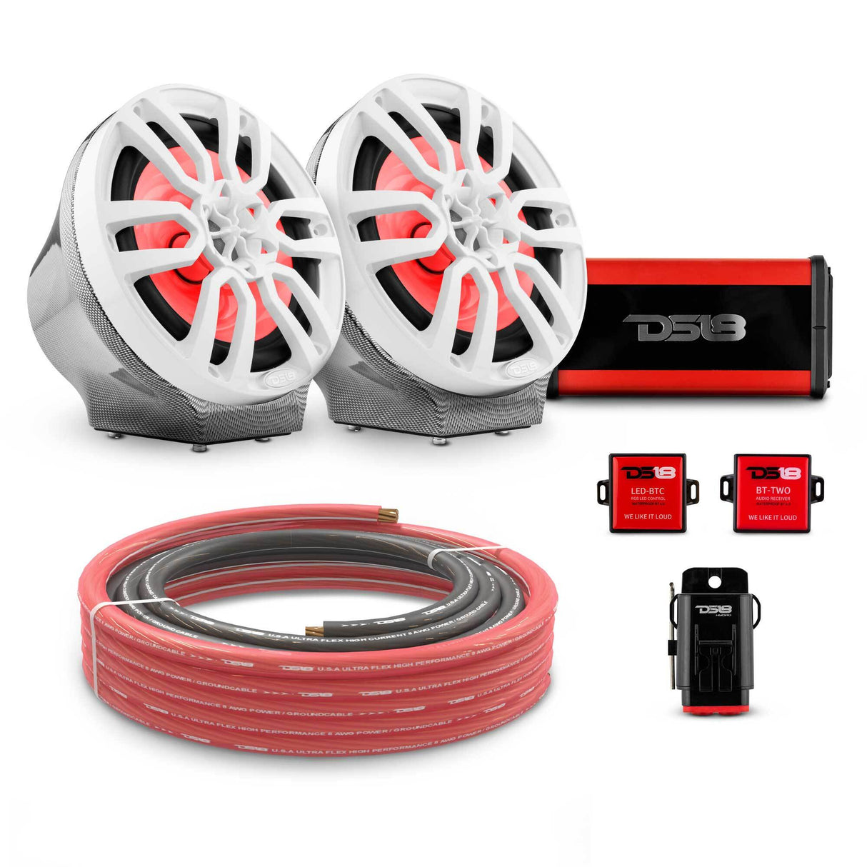 8" Loaded Flat Mount Speaker Pods with Amplifier, Installation Kit and RGB LED Lights, Package for Can-Am Spyder & Ryker DS18