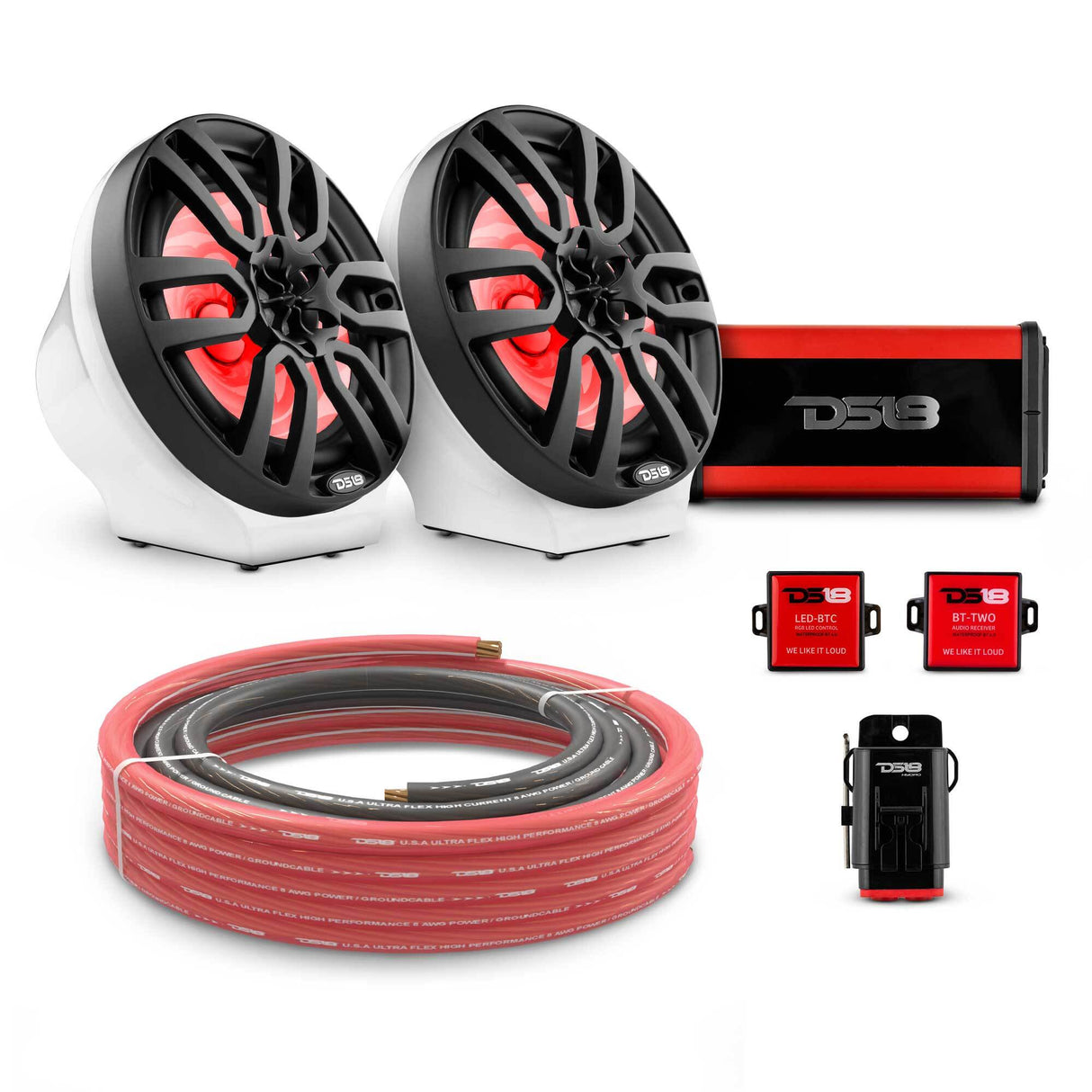 8" Loaded Flat Mount Speaker Pods with Amplifier, Installation Kit and RGB LED Lights, Package for Can-Am Spyder & Ryker DS18