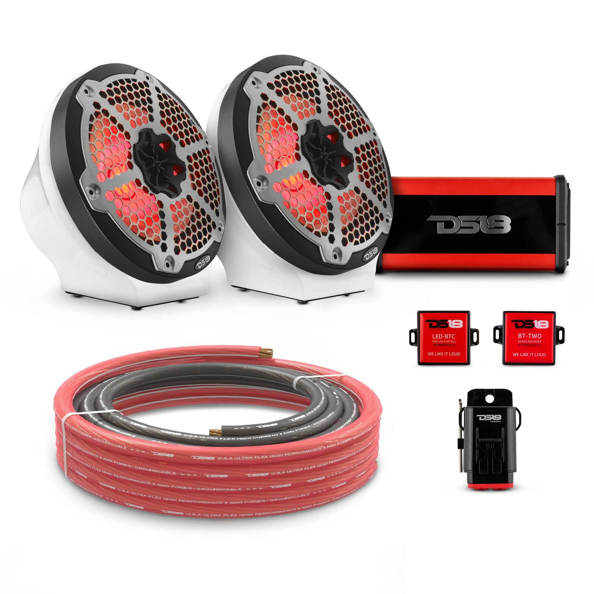 8" Loaded Flat Mount Speaker Pods with Amplifier, Installation Kit and RGB LED Lights, Package for Can-Am Spyder & Ryker DS18