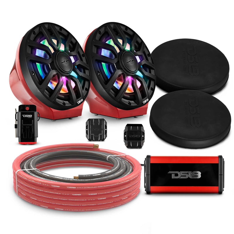 8" Loaded Flat Mount Speaker Pods with Amplifier, Installation Kit and Digital LED Lights, Package for Can-Am Spyder & Ryker