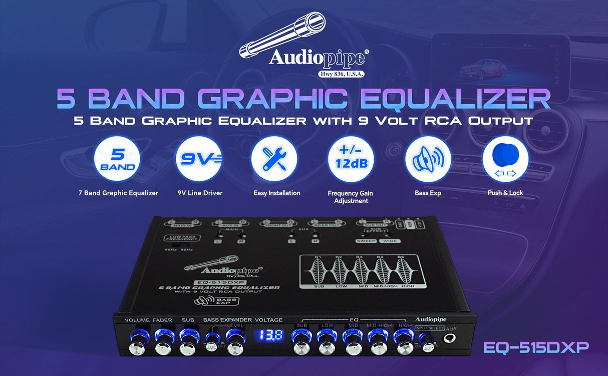 Audiopipe 5 Band Graphic Equalizer with 9 Volt RCA Output (EQ-515DXP) Audiopipe