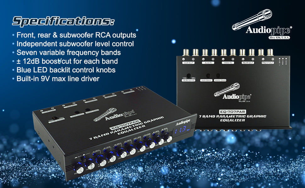 Audiopipe 7 Band Parametric Graphic Equalizer with 9V Line Driver (EQ-707PAR） Audiopipe