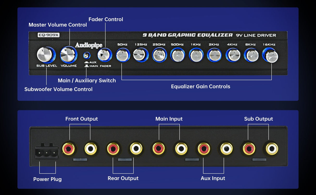 Audiopipe 9 Band Graphic Equalizer with 9 V LINE DRIVER (EQ-909X) Audiopipe