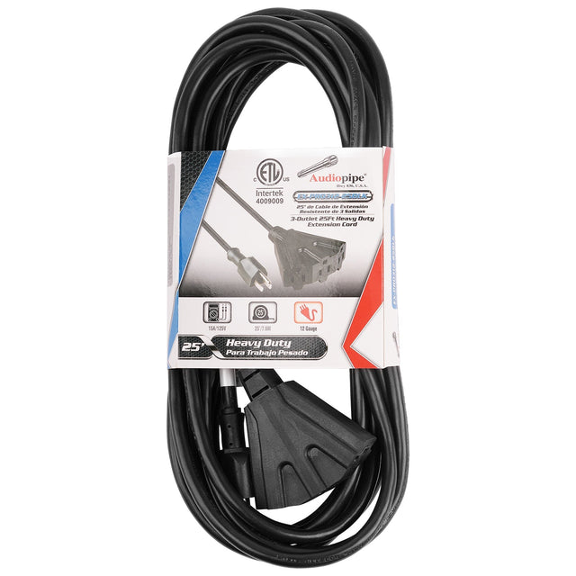 25Ft 3-Outlet Heavy Duty Extension Cord (EX-PRO312-25BLK) Audiopipe