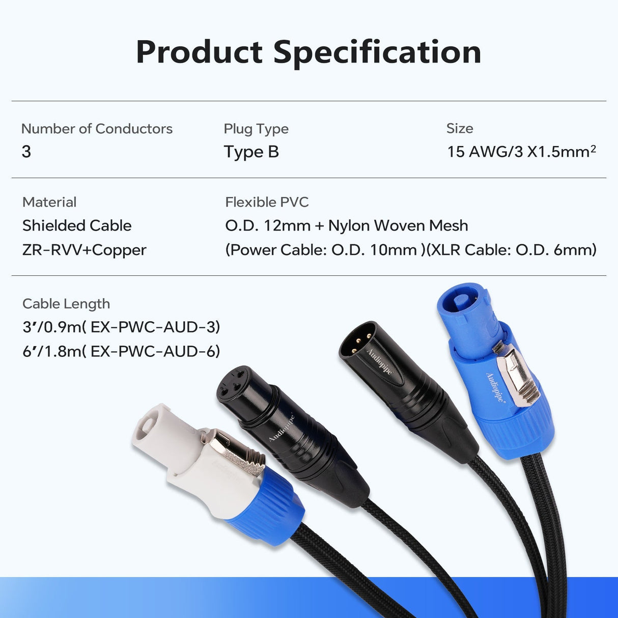 3Ft Extension Power Cable with Audio XLR Connectors (EX-PWC-AUD-3) Audiopipe