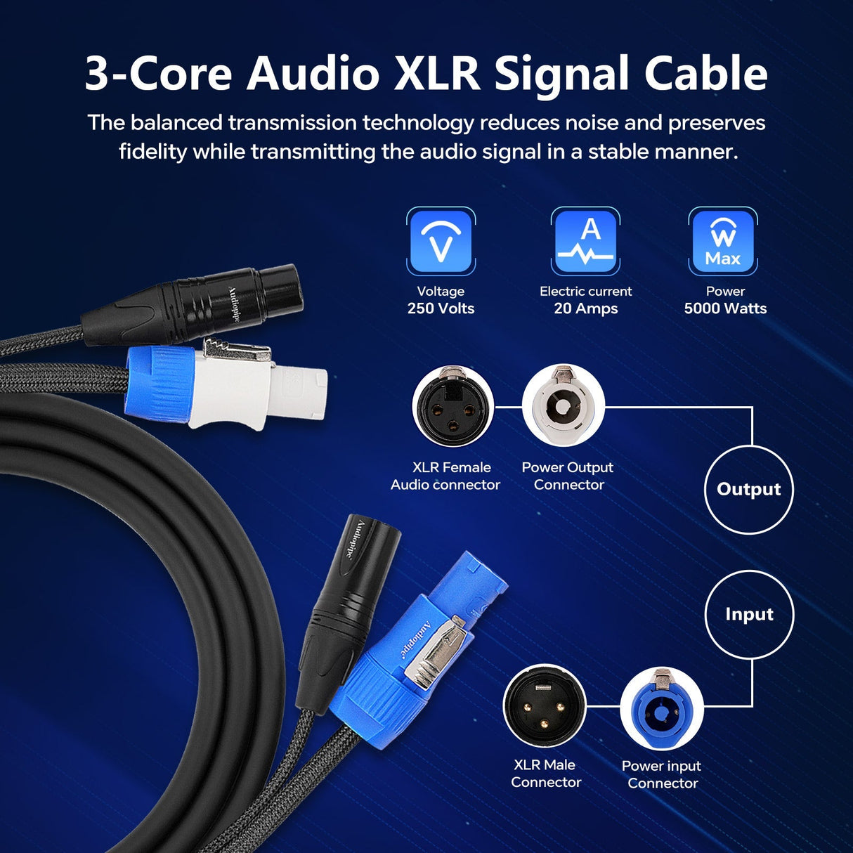 6Ft Extension Power Cable with Audio XLR Connectors (EX-PWC-AUD-6) Audiopipe