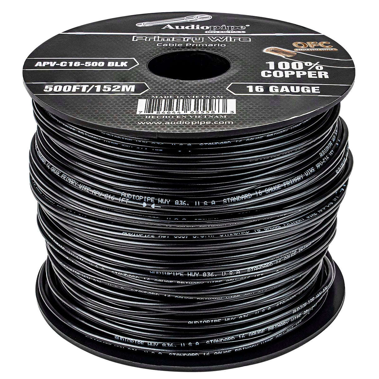 500Ft 16 Gauge Black Primary Wire (APV-C16-500 BLK) Audiopipe