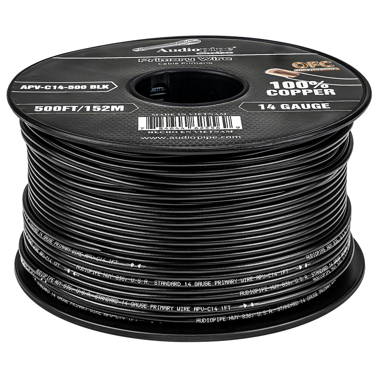 500Ft 14 Gauge Black Primary Wire (APV-C14-500 BLK) Audiopipe