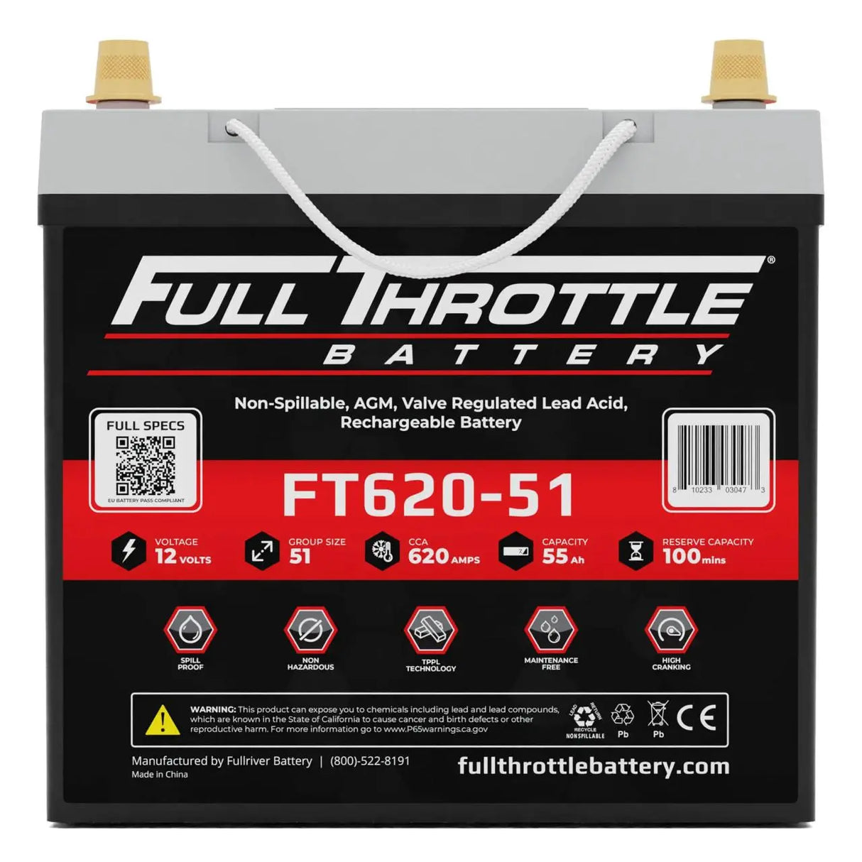 Full Throttle Battery FT620-51 High Performance AGM Battery