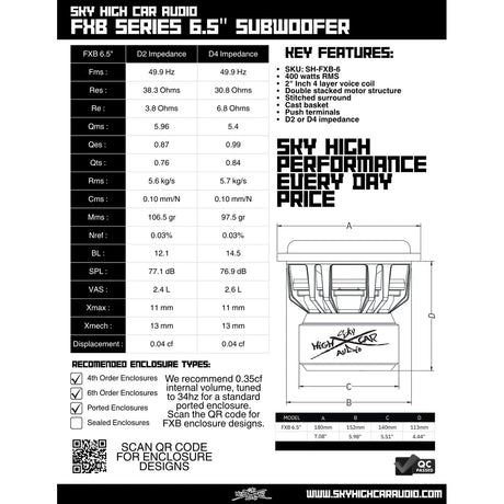 Sky High Car Audio FXB 6.5" 400W RMS Subwoofer DVC Sky High Car Audio