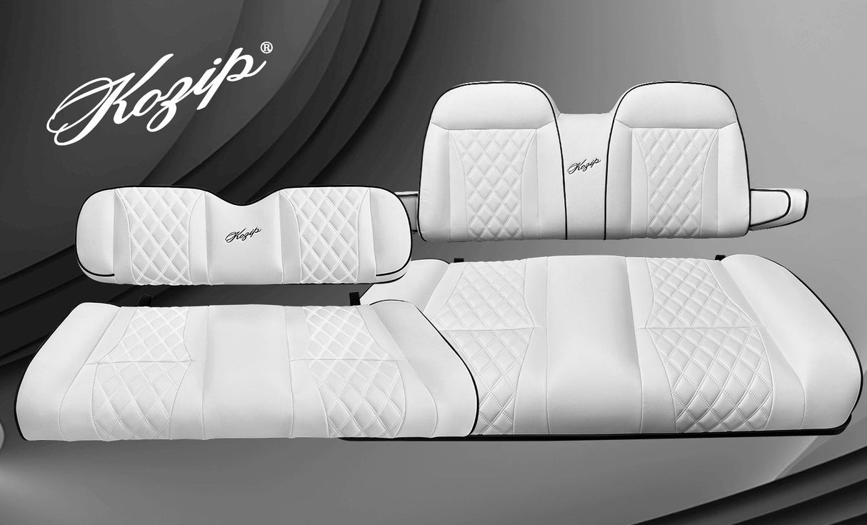 Kozip Club Car DS Front & Rear Seat Cushion Bundle with NOMAD Flip Seat Frame – White/Black Piping – White Stitching (1982-2000.5)