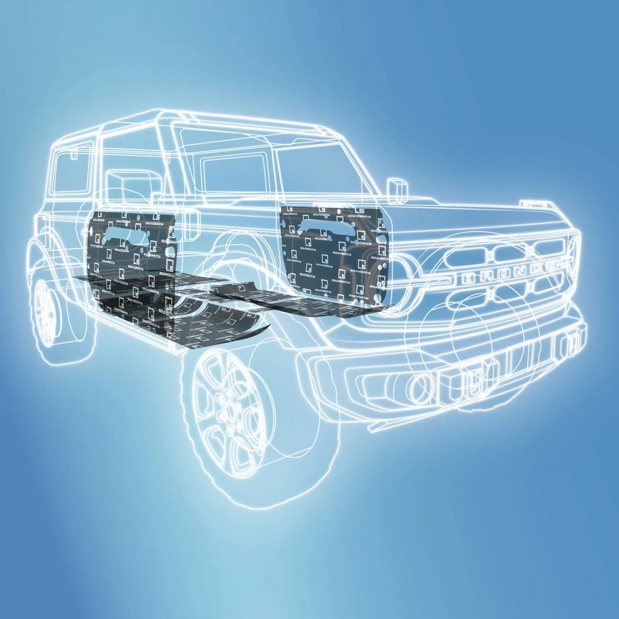 SoundSkins | 2021+ Ford Bronco 2-Doors + Floors Sound Deadening Vehicle Specific Kit | SSK-BRONCO2DR | 3 Layers (Acoustic Foam, Foil, Rubber Butyl), 54 sq ft SoundSkins Global