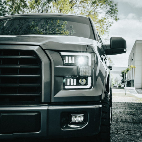 Ford F150 15-17 LED Projector Headlights w/ Ultra High Power Smooth White OLED DRL w/ Scanning Amber Turn Signals (Replaces OEM LED Headlights) - Multiple Styles