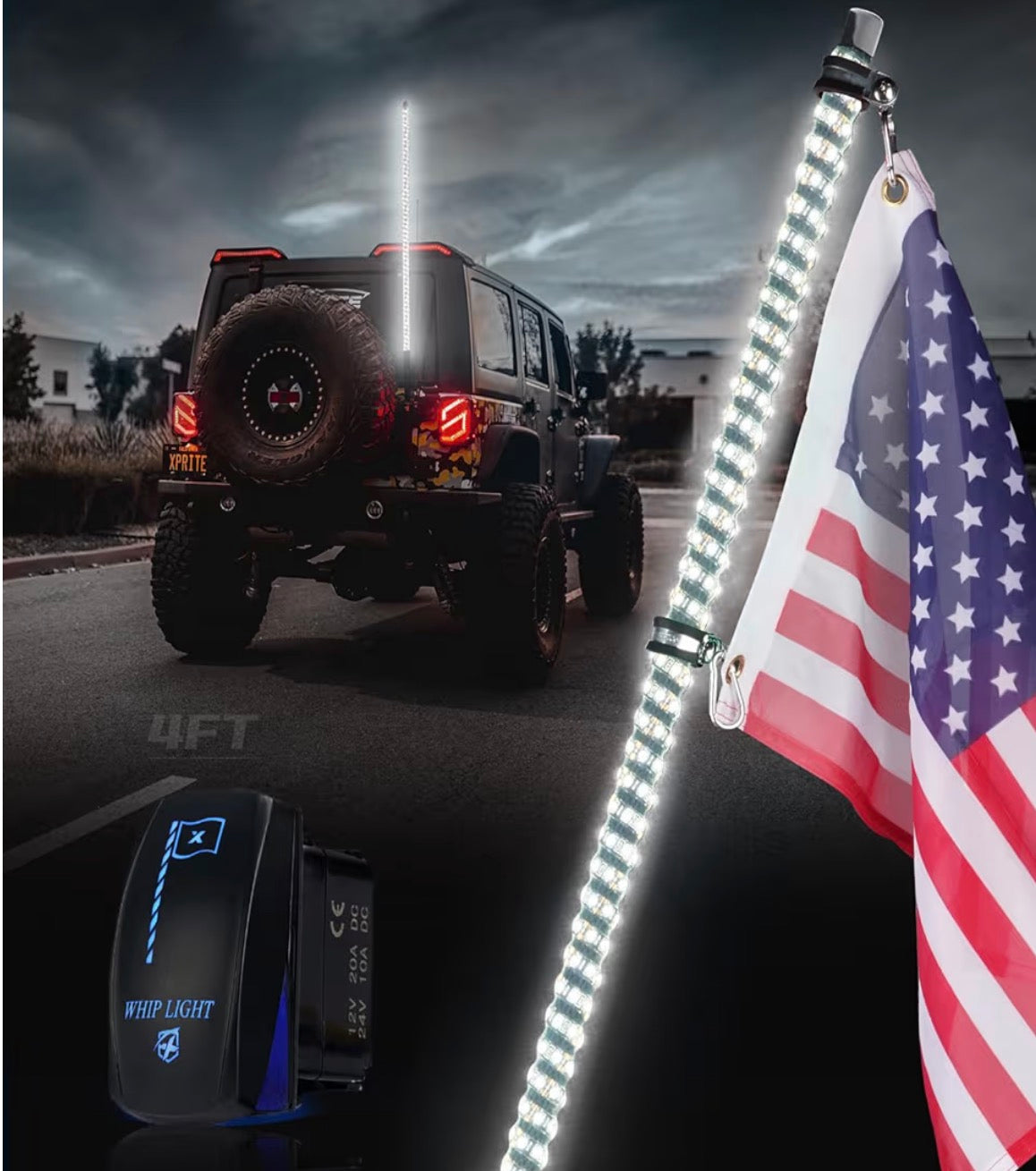 Xprite 1PC 4FT White Spiral LED Whip Lights with Built-in Spring Base, Safety Lighted Antenna Whip Pole w/Rocker Switch American Flag, Compatible with SXS ATV UTV Polaris RZR Can-am Trucks Jeep