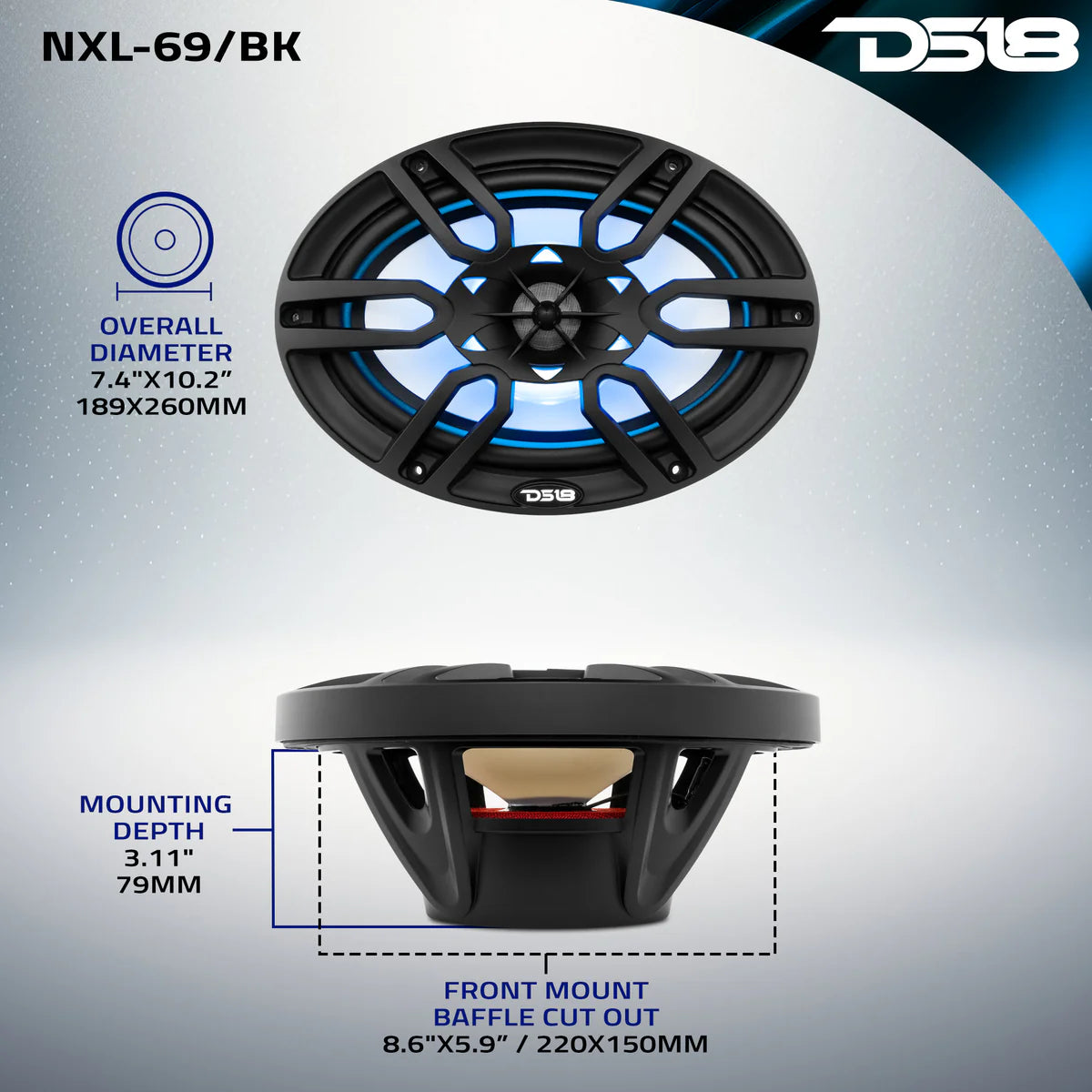 DS18 NXL 6x9" 2-Way Coaxial Marine Speaker With LED RGB Lights 125 Watts Rms 4-Ohm -Black