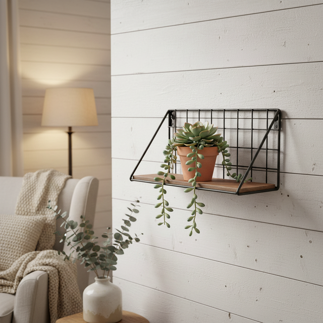 Small Metal Grid Wall Shelf With Wood Accent KB Decor & More
