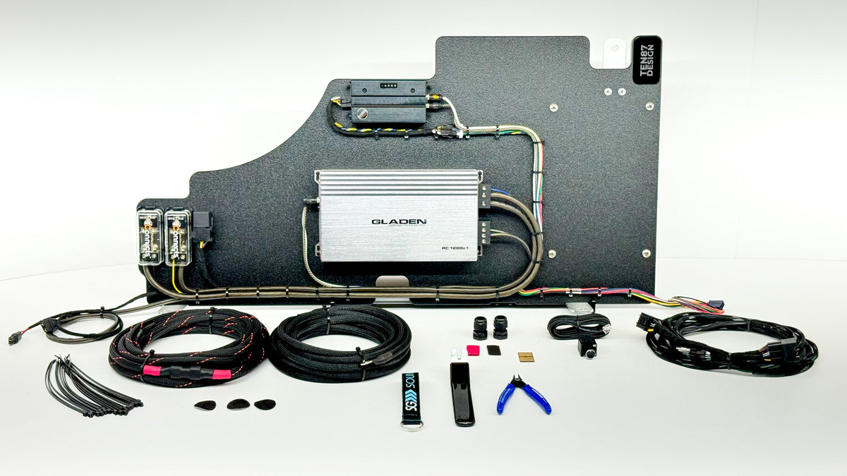 Mosconi-Gladen Loaded Subwoofer 1200wrms Amplifier Rack for Ford 2023+ Super Duty and 2024+ F-150 Trucks