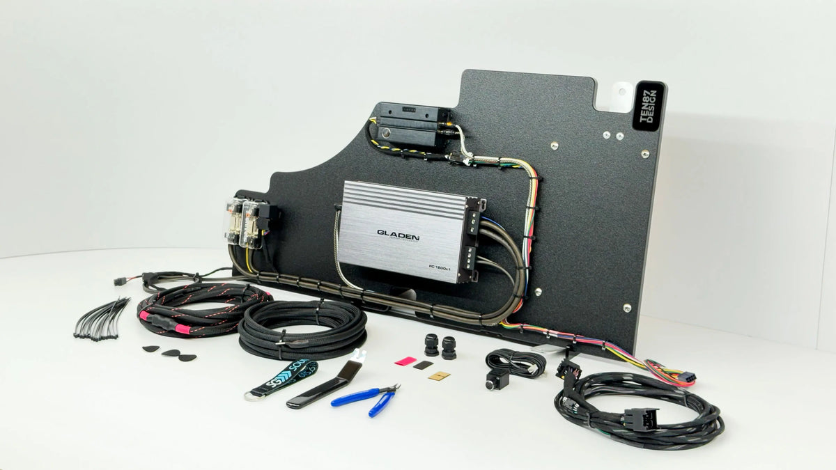 Mosconi-Gladen Loaded Subwoofer 1200wrms Amplifier Rack for Ford F-Series Vehicles (All Factory Systems including B&O Unleashed)