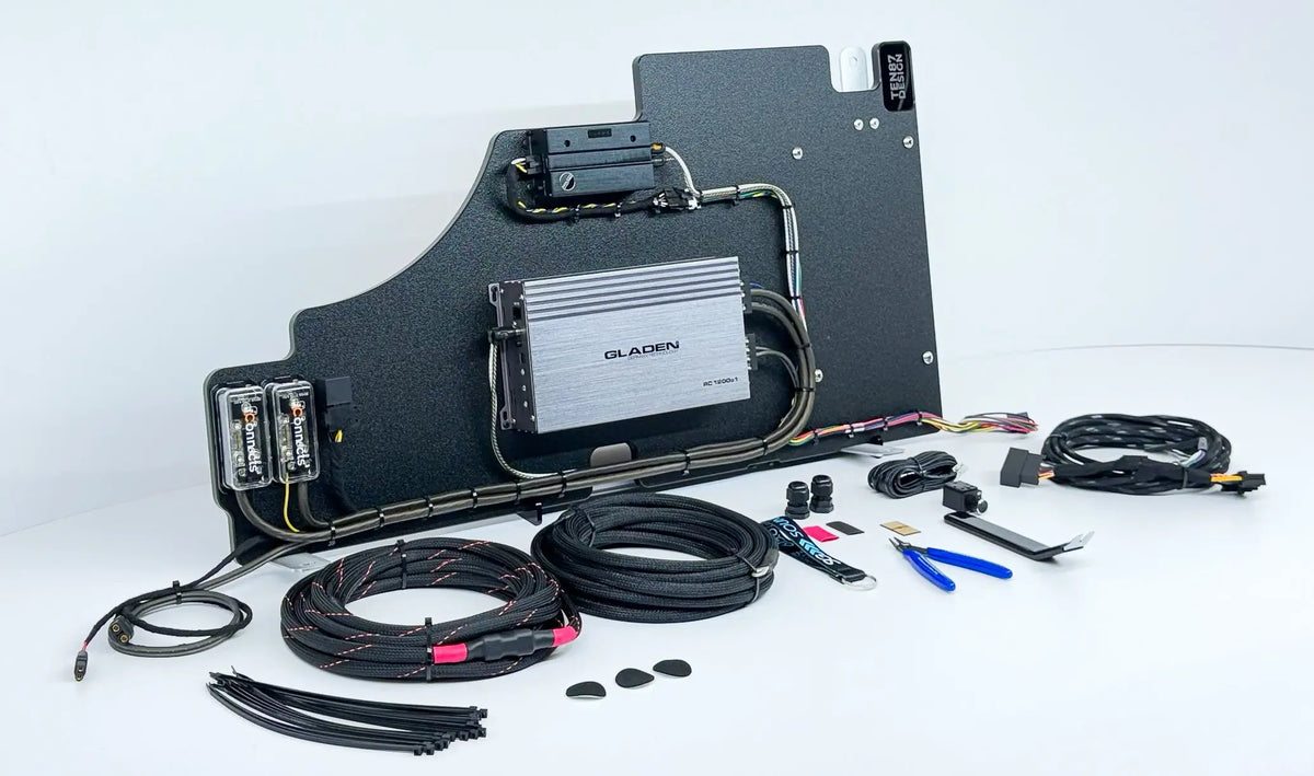 Mosconi-Gladen Loaded Subwoofer 1200wrms Amplifier Rack for Ford F-Series Vehicles (All Factory Systems including B&O Unleashed)