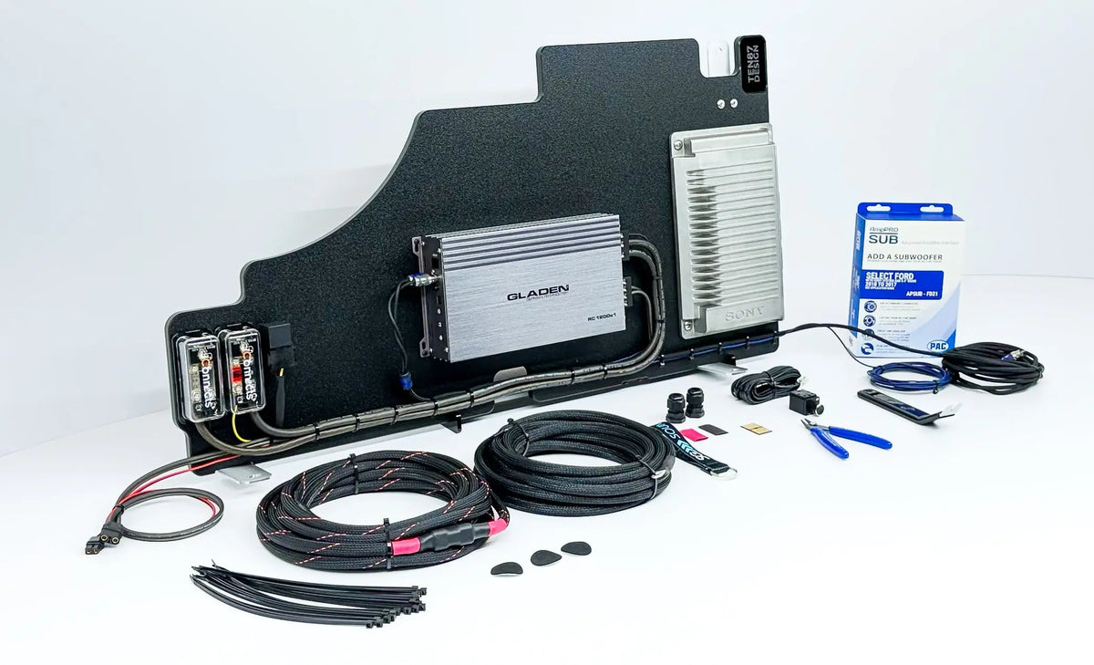 Mosconi-Gladen Loaded Subwoofer 1200wrms Amplifier Rack for Ford F-Series Vehicles (All Factory Systems including B&O Unleashed)