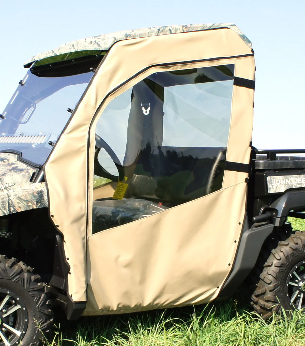 Falcon Ridge JD-550-SDK01-Z soft doors with zippered windows installed on John Deere Gator XUV 560/590