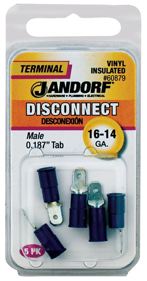 Disconnect Terminal, 16 to 14 AWG Wire, Vinyl Insulation, Copper Contact, Tin, Blue #60879 Jandorf