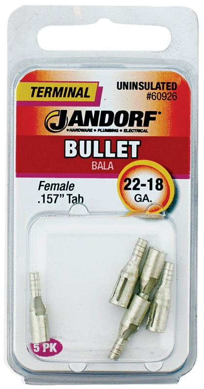 Jandorf Bullet Terminal, 600 V, 22 to 18 AWG Wire, Copper Contact, Tin, 5/PK  #60926 Jandorf